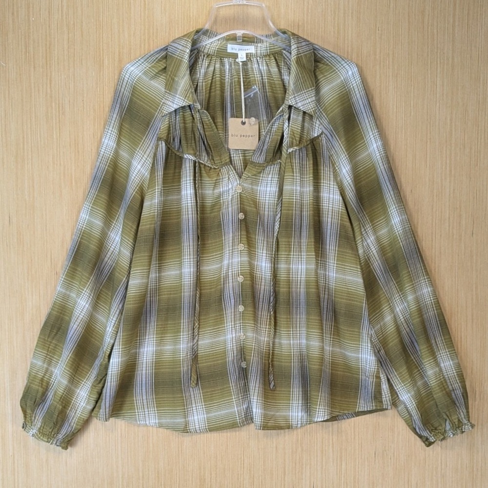 Blu Pepper Boho Plaid Ruffle Button Down Top Size L Olive Green Oversized NWT